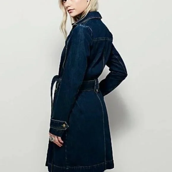 Free People Denim Jean Belted Trench Coat Jacket in Indigo M - Picture 3 of 12